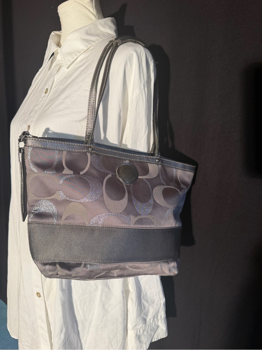Coach Gray Signature Jacquard Tote with Leather Trim